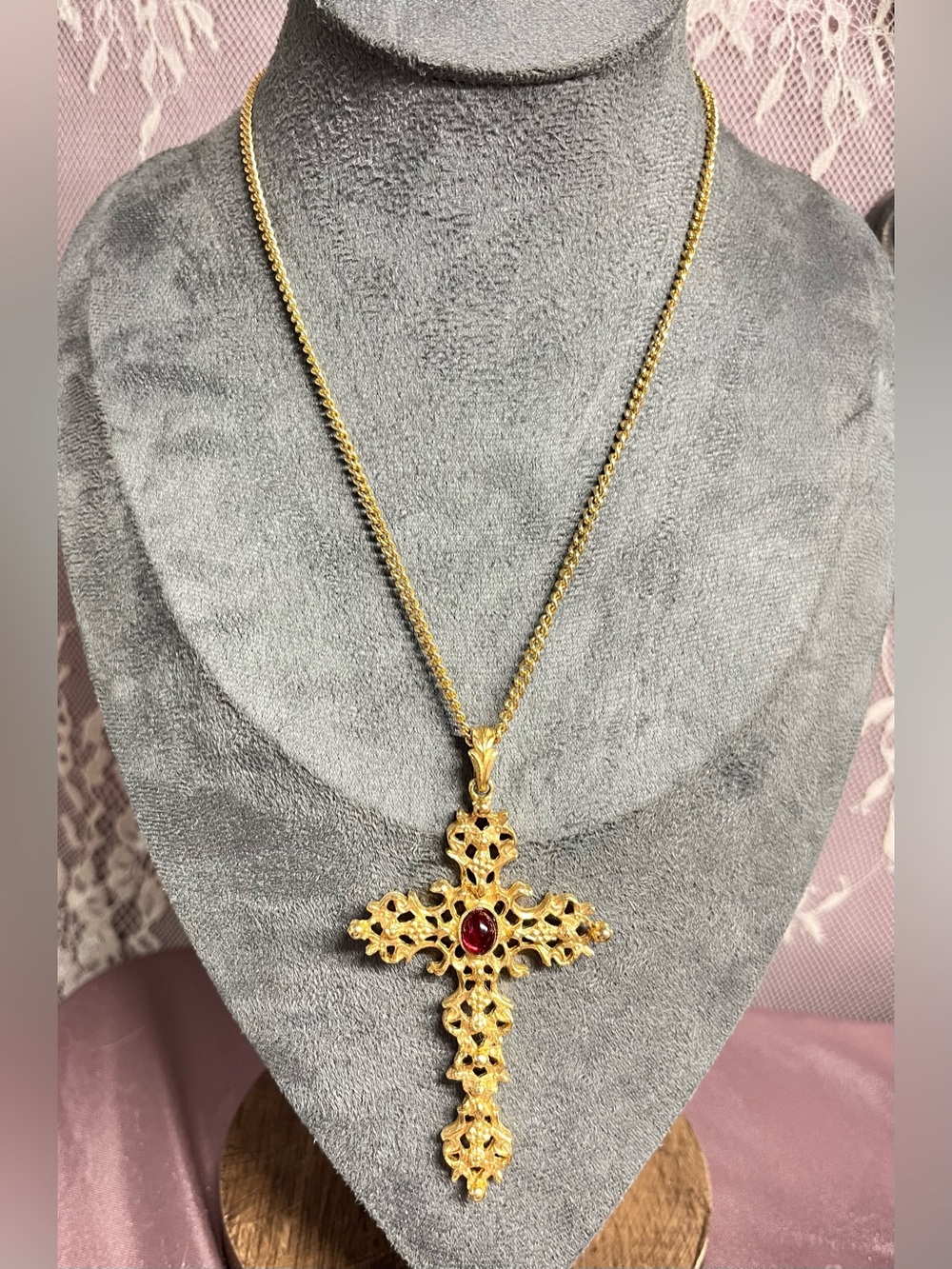 Avon Gold Tone Filigree Cross Pendant Necklace Red Cabochon 24” Signed Vintage